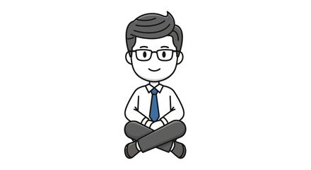 Smiling businessman sitting comfortably cross-legged in a simple monochrome line art illustration.