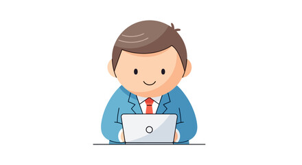 Smiling businessman working happily on a laptop computer in a simple flat colored illustration.