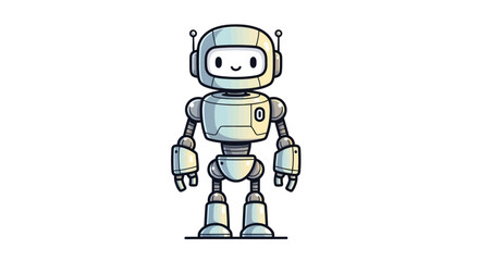 Standing upright with a friendly expression, a white robot character is presented in a clean vector illustration.