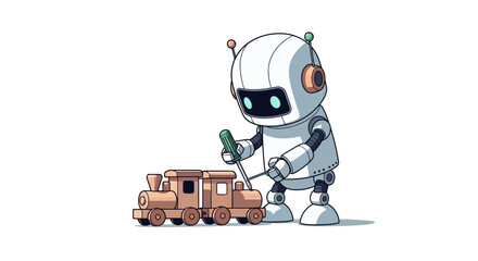 White robot character repairing a wooden toy train with a screwdriver, in a detailed vector illustration.