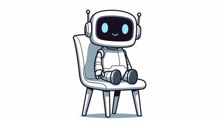White robot character sitting on a modern chair, presented in a clean line art illustration.