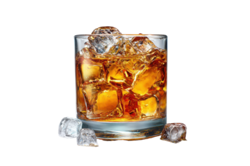 Glass of whiskey with ice cubes isolated on transparent background. Whiskey cocktail in glass with ice cubes and amber liquid isolated on white background.