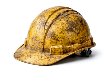 Rustic or used yellow worker&rsquo;s helmet isolated on white background