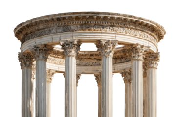 Ancient roman temple rotunda with corinthian columns isolated on transparent background. Ancient roman corinthian temple ruins with columns isolated on white background.
