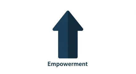 Dark blue arrow pointing upwards symbolizing empowerment and growth on white background