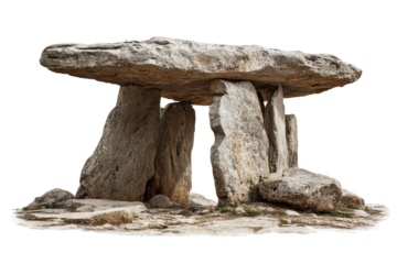 Ancient stone dolmen megalithic tomb isolated on transparent background. Megalithic dolmen structure ancient tomb stone monument isolated on white background.