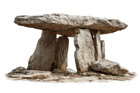 Ancient stone dolmen megalithic tomb isolated on transparent background. Megalithic dolmen structure ancient tomb stone monument isolated on white background.