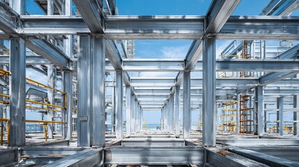 girder. A construction site with steel framework and architectural elements in an industrial setting under natural daylight. real-estate listings.