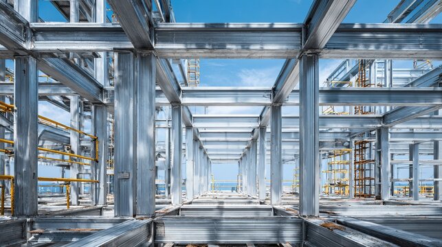 girder. A construction site with steel framework and architectural elements in an industrial setting under natural daylight. real-estate listings.