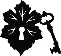 Vintage ornamental leaf with a keyhole alongside an old fashioned skeleton key