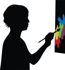 Young child silhouette creating a colorful splash painting with a brush on a wall