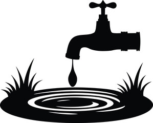 Water Faucet Dripping into a Pond with Grass Silhouettes Symbolizing Nature and Conservation