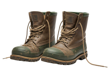 Pair of Worn Leather Boots Featuring Laces and Green Rubber Toes Isolated on Black