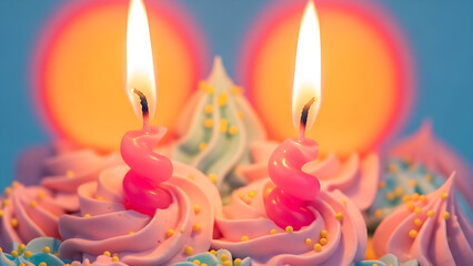 Close-up of two lit birthday candles on a frosted cake with colorful sprinkles