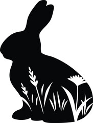 Whimsical Rabbit Silhouette Filled with Wild Grass and Flowers