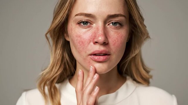 Young woman touches her face with rosacea