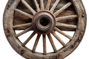 Antique wooden wagon wheel with intricate carvings isolated on transparent background. Vintage wooden wagon wheel with rusted metal hub isolated on white background.
