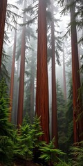 Vast expanse of redwood trees in a misty forest,  breathtaking,  nature