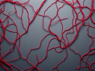 Tangled network of vibrant crimson threads on a slate grey canvas, intricate engineering layouts,  drafting,  construction