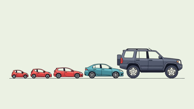 Size comparison of various cars in a line