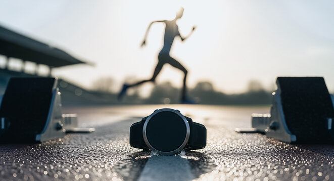 Smartwatch on Running Track with Starting Blocks and Blurred Athlete Silhouette at Sunrise: Fitness Technology, Sports Performance, and Sprint Training Timing