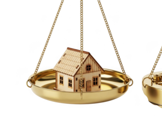 A miniature house sits on one side of a gold balance scale isolated on transparent background