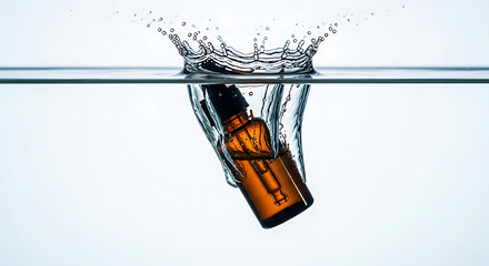 Amber glass dropper bottle with cap sinking into clear water surface creating splash and ripples.