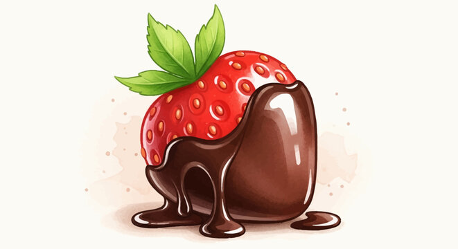 A ripe strawberry dipped in rich, flowing chocolate, showcasing a sweet indulgence
