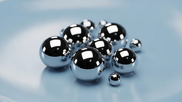 Shiny metallic liquid mercury spheres on a reflective light blue surface