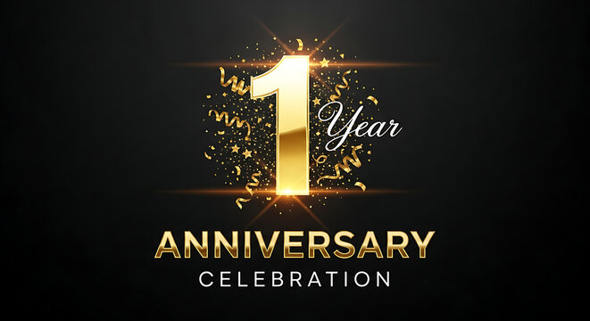 Elegant one year anniversary celebration with golden number and confetti design