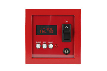 Fototapeta premium Red Fire Alarm Control Panel with LCD Display and Key Switch