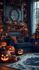 Obraz premium A cozy living room decorated for Halloween, featuring a dark blue sofa, carved pumpkins, and warm lighting