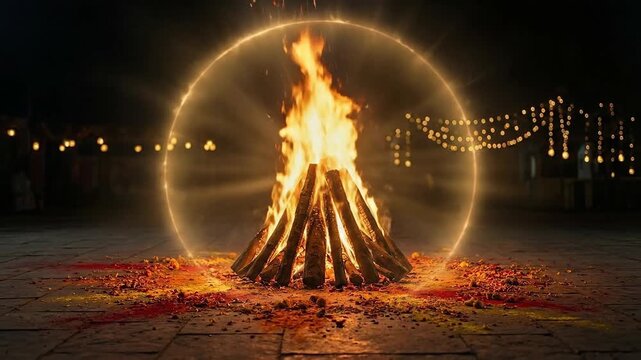 The massive holika dahan bonfire burns with a glowing orange aura, symbolizing the festive mood of holi at night.