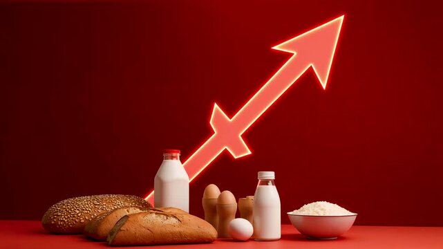 Bread milk eggs and dairy products on red surface with large upward arrow graphic