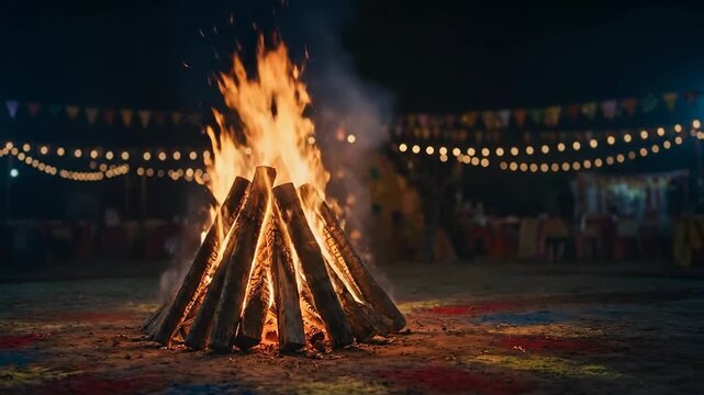 The traditional holika dahan bonfire burns brightly at night, symbolizing the festive spirit of holi.