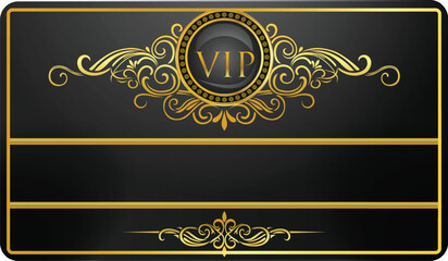 Elegant Black and Gold VIP Access Card with Ornate Scrollwork  Exclusive Membership Invitation