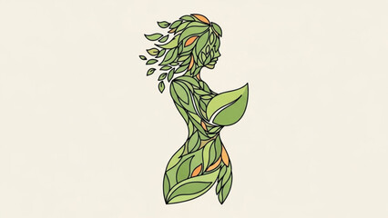 Green Leaf Woman Illustration with Floral Hair, Isolated on White Background