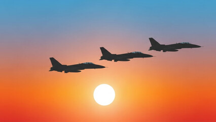Military Jets Flying in Formation during Sunset