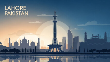 Minar-e-Pakistan Lahore Cityscape at Sunset with Silhouette of Historical Landmarks and Reflections on Water