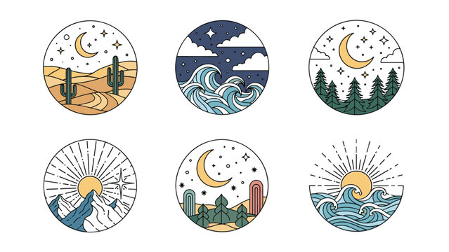 Set of circular nature landscapes showing desert cactus ocean waves forest trees mountain sunrise and crescent moon night scenes.