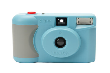 Retro blue toy camera with grey grip and red button, vintage style, for kids and photography enthusiasts