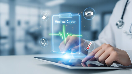 Fototapeta premium Doctor using Medical Clipper technology on digital tablet in modern hospital