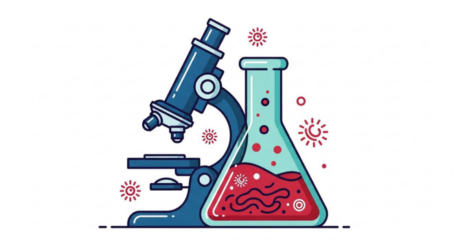 A vector graphic illustration of a microscope and beaker with virus particles