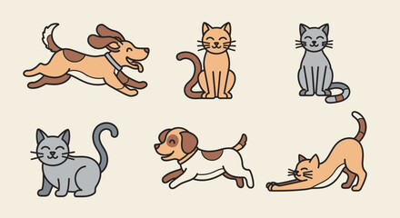 Obraz premium Adorable cartoon cats and dogs in various playful poses and colors showcasing cute animal illustrations in a fun and lively graphic design.