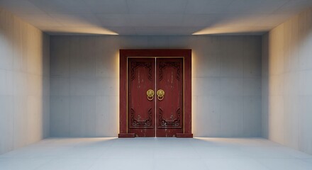 Empty square room with Chinese classic red temple door