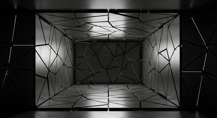 Empty square room with High-resolution image of a dark, metallic corridor with geometric architecture.