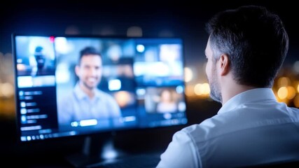 Connecting through Technology: A close-up shot of a man's back, facing towards a screen where virtual communication happening in a modern urban environment. - Powered by Adobe