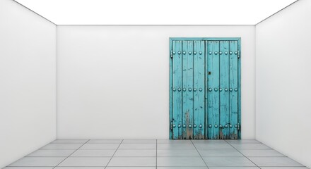 Empty square room with big old and worn wooden door with rivets painted in turquoise blue color
