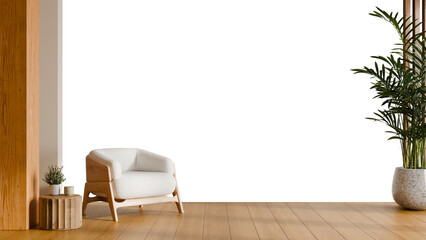 Empty white wall background with wooden floor and modern armchair on transparent background- 3D...