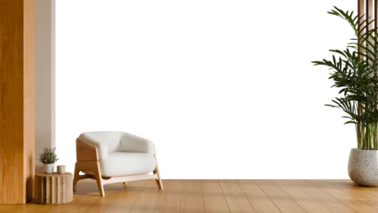 Fototapete Japandi Empty white wall background with wooden floor and modern armchair on transparent background- 3D rendering  © Vanitjan